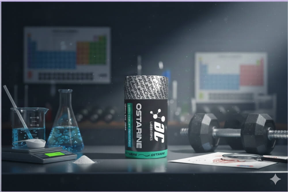 Opakowanie suplementu Ostaryna MK-2866 na profesjonalnym stanowisku laboratoryjnym obok hantli.